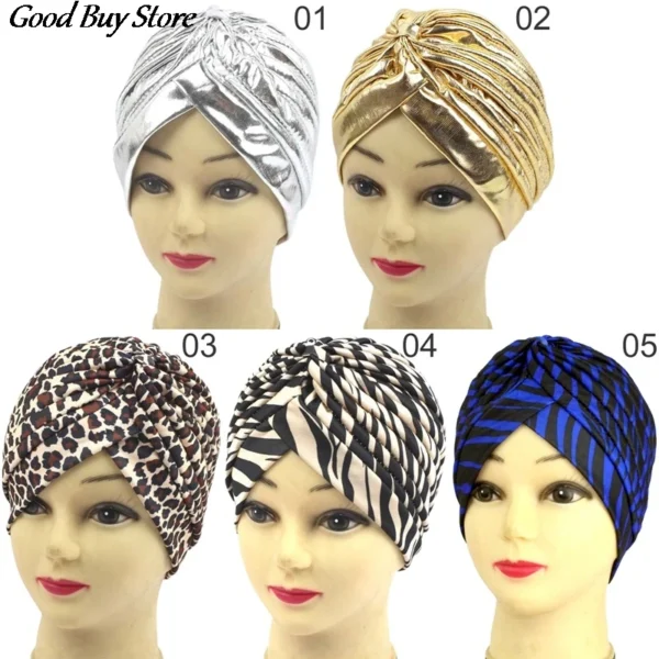 Indian Headwear Turban Caps African Muslim Hijab Head Wrap Fashion Headscarf Gold Silver Leopard Women Headband Hat Bonnet New