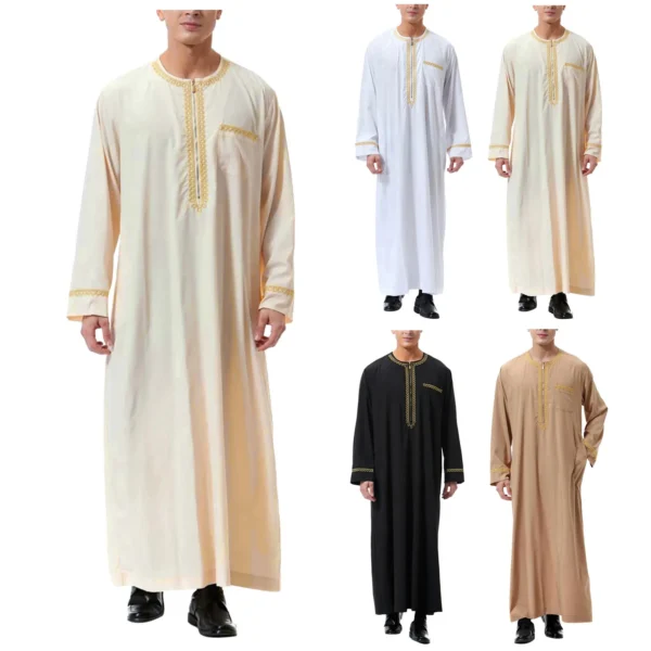 Mens Muslim Dress Muslim Robe Arab Middle Robe Long Sleeve Embroidered Pocket Long Shirt Robe Coat Shirt Mens Prayer Clothing