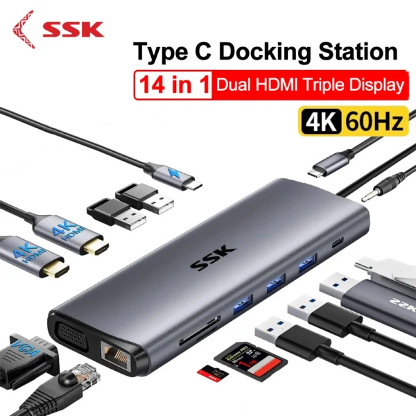 SSK 14 in 1 USB C HUB Dual HDMI HUB Multiport Adapter with HDMI VGA RJ45 Ethernet SD/TF PD3.0 For Thunderbolt MacBook Windows