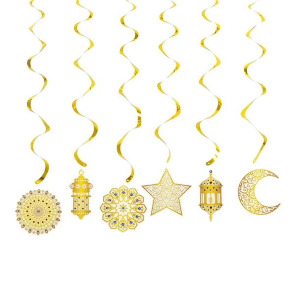 6pcs Eid Mubarak Gold Spiral Banner Swirl Eid Pendant Bunting Islamic Muslim Hajj Ramadan Mubarak Festival Party Home Decoration