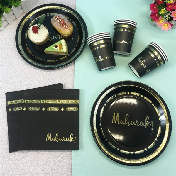 Black Gold EID Mubarak Disposable Tableware Paper Plates Cups Napkins Ramadan Kareem For Home 2024 Muslim Islamic Party Supplies