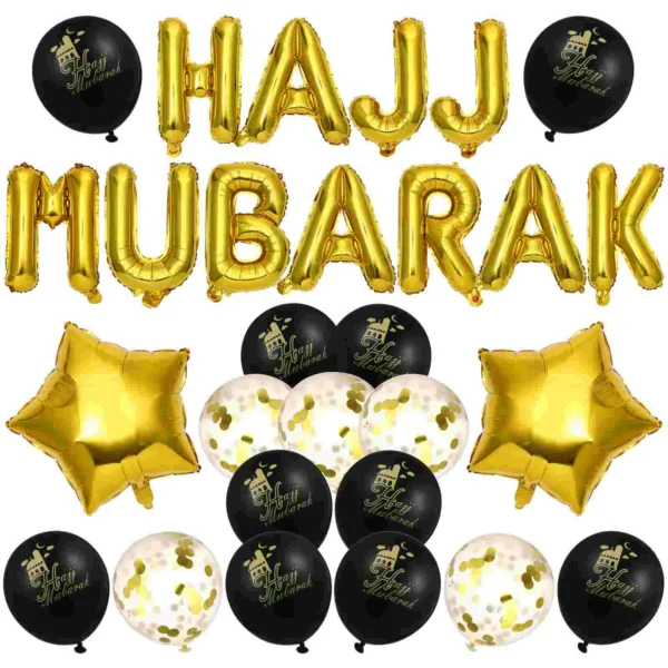 HAJJ MUBARAK Letter Latex Balloons Decorative Celebrative Background Layout Balloons Set for Eid -Fitr (Black and Glod)