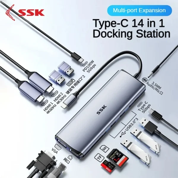 SSK 14 in 1 USB C HUB Dual HDMI HUB Multiport Adapter with HDMI VGA RJ45 Ethernet SD/TF PD3.0 For Thunderbolt MacBook Windows