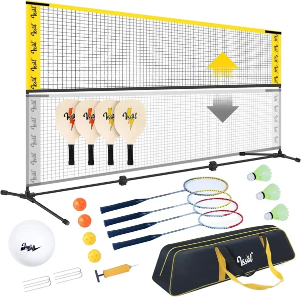 Portable All-in-One Badminton, Pickleball and Kids’ Volleyball Net Set Half Court (10ft Wide x 7ft max Height) Small Outdoo