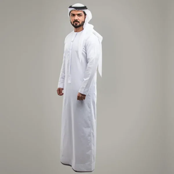 National Costume Men Muslim Clothing White Jubba Thobe Long Sleeve Robes Dubai Middle East Men Islamic Arabic Kaftan Headwear