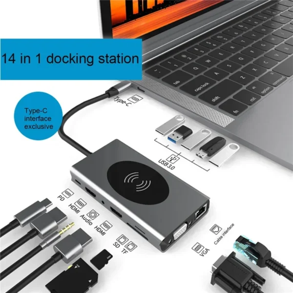 14 in 1 Docking Station USB HUB Type C To HDMI-compatible Wireless Charging USB 3.0 Adapter Type C HUB Dock Station For MacBook