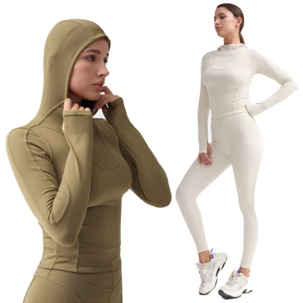 Wome Yoga Set Ribbed Muslim Fitness Outfit Sports Hoodie Stretch Gym Leggings Quick Dry Ski Suit Workout Suit Women Sportswear