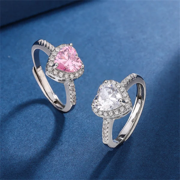 Luxury Pink Micro Zircon Heart Shaped Adjustable Ring For Women Exquisite Silver Color Metal Young Girls Party Jewelry N834