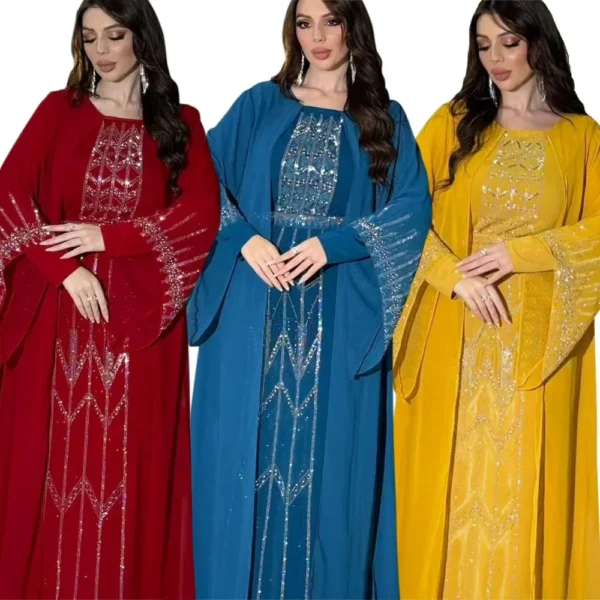 2024 Dubai Abaya Autumn Fashion Muslim Long Sleeve V-neck Party Evening Maxi Dress Kaftan clothes for Muslim Dress Women Outfits